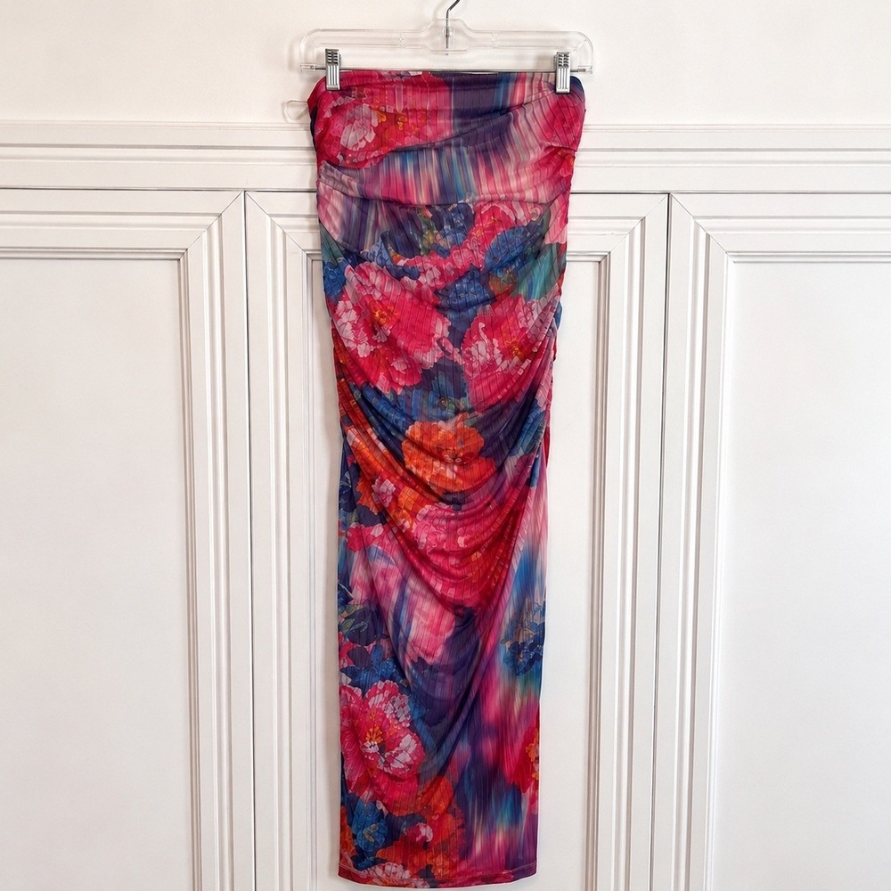 Anthropologie Strapless Floral Mesh Midi Dress Bodycon Pink Blue Print Medium - Picture 2 of 6